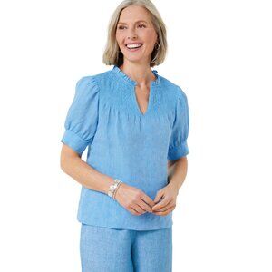 Talbots 100% Linen Smocked Top Blouse Womens Small Blue Puff Sleeves Preppy NWOT